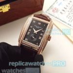 Patek Philippe Gondolo Copy Watch Rose Gold Diamond Bezel Brown Leather Strap